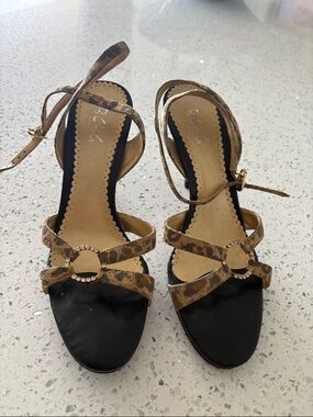 BCBG Leopard Print Ankle-Tie Heels with Rhinestone Ring